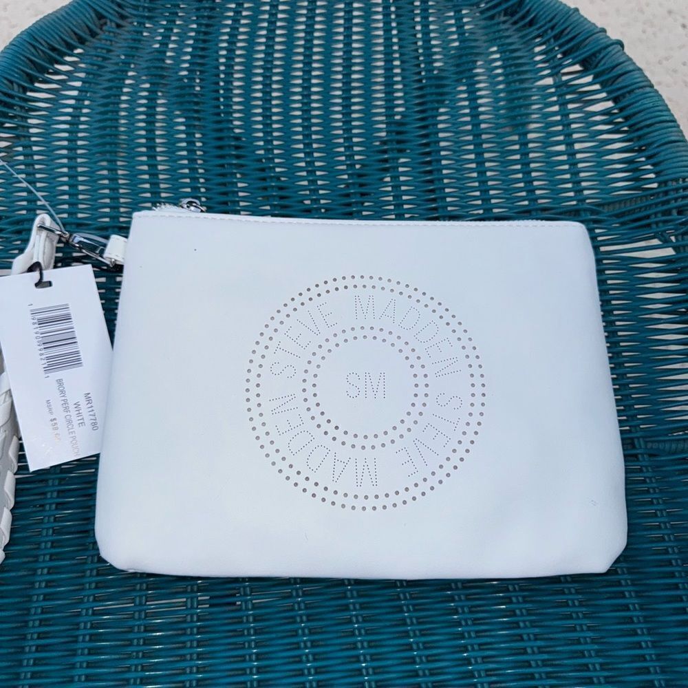 Steve Madden Perforated Round Logo 
White Clutch Bag
